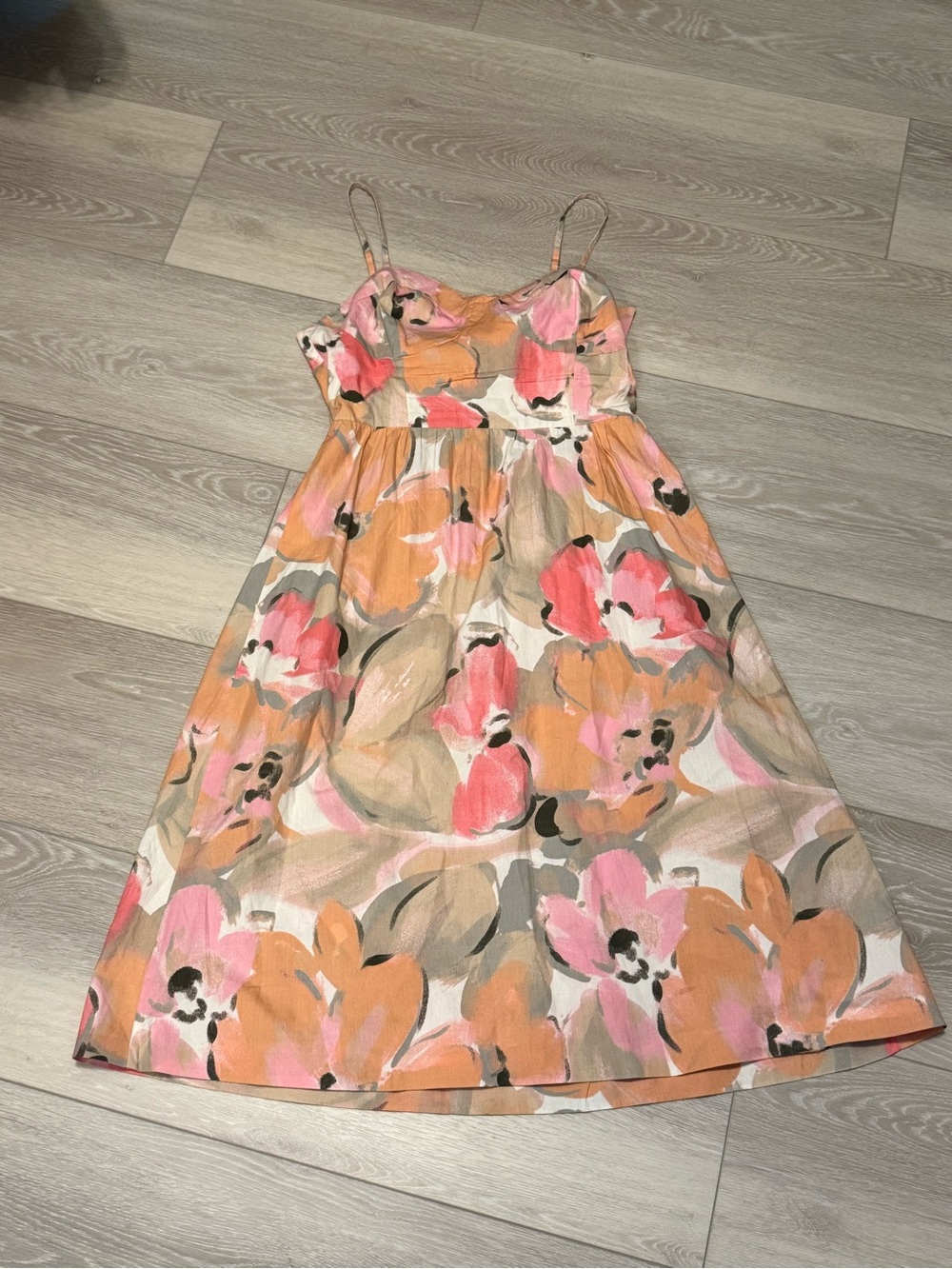 100% Cotton Floral Midi Sundress in Pink & Peach - Women's Spaghetti Strap Dress - Picture 2 of 6